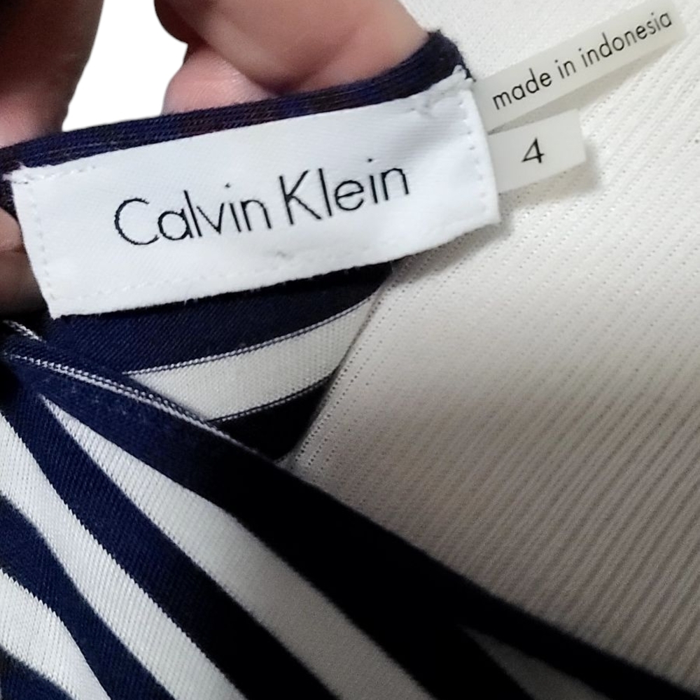 Calvin Klein Blue and White Buttery Soft Knit Sheath Dress with Cowl Neck - Picture 3 of 5